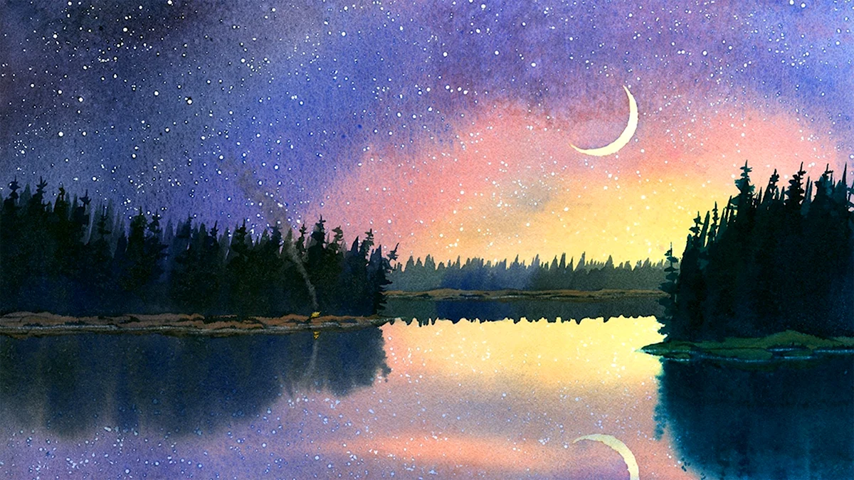 Ночной пейзаж гуашью