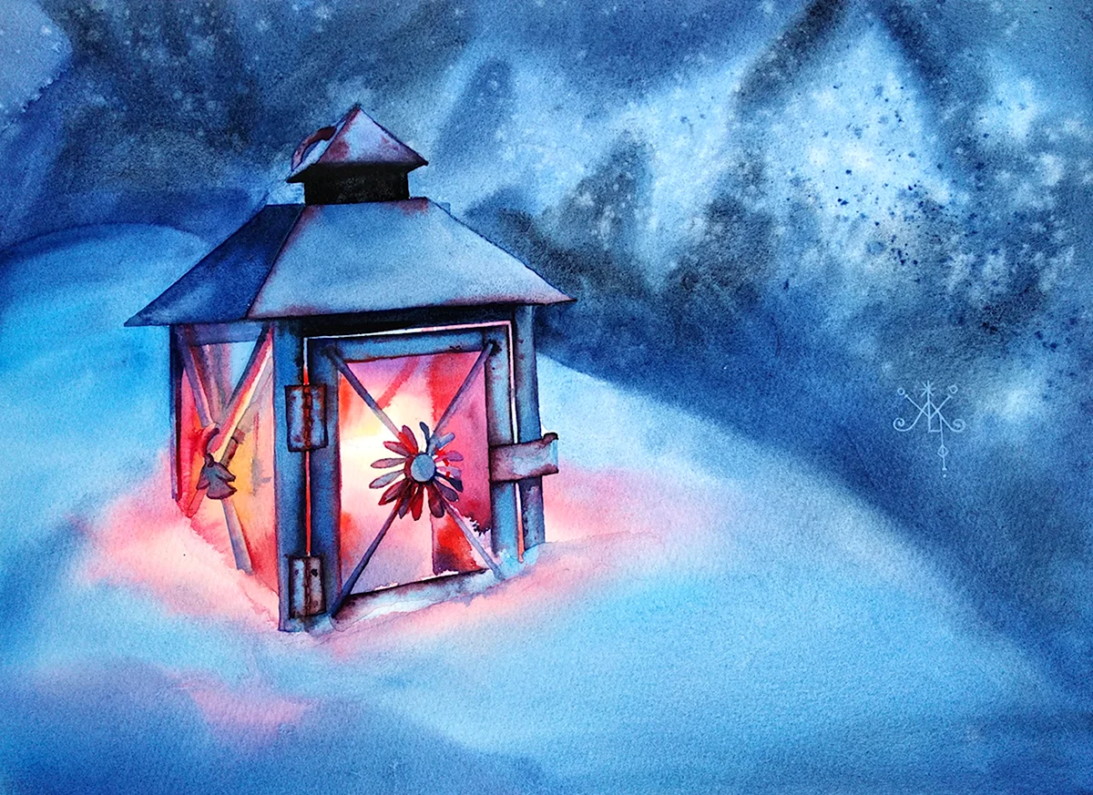Зимний фонарик акварелью